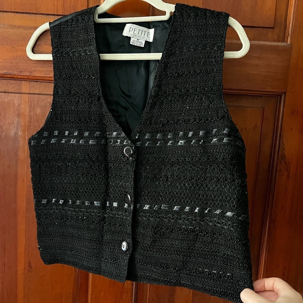 Vintage Petite Black Ribbon Vest Women’s M Cotton 90s Boho Cottagecore